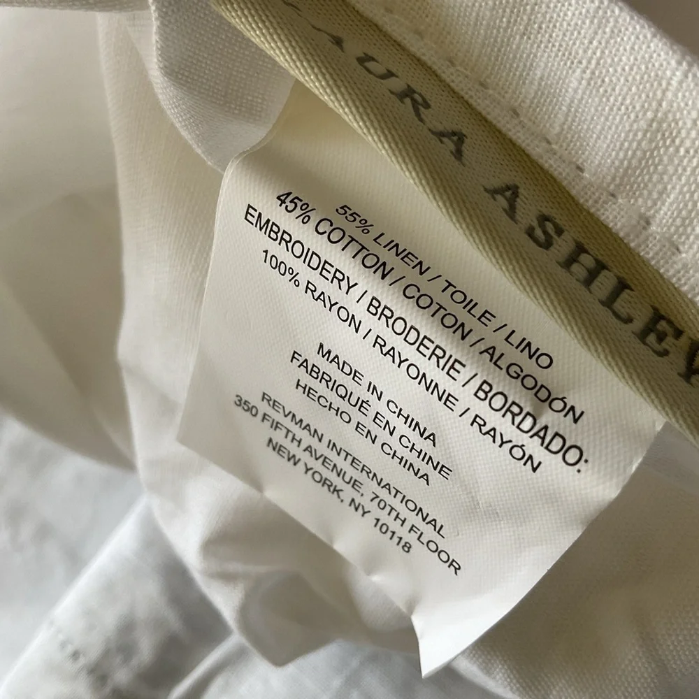 LAURA ASHLEY EUROPEAN PILLOW SHAM LINEN AND COTTON WHITE WITH BLUE EMBROIDERY